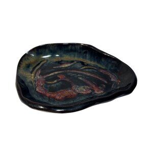 Ceramic Decorative Dish Unique Abstract 5.5" X 4" Multicolor Glaze Art Signed